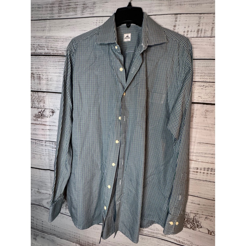 Peter Millar Mens Large Gingham Check Button Down Shirt Green Blue Cotton LS